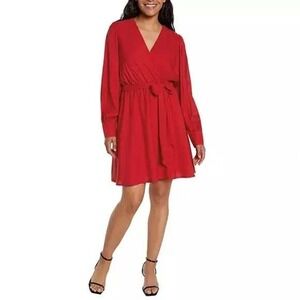 Express Red Wrap Dress Long Sleeve Fit & Flare V Neck Sash Belt Mini Sz M /#5381